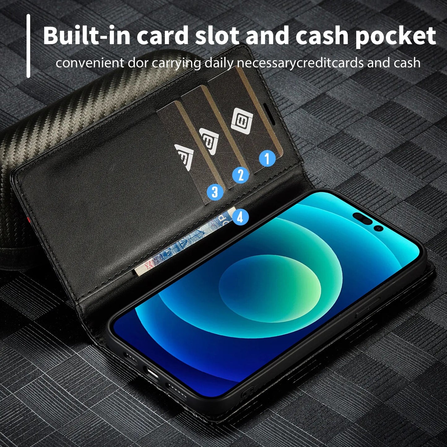 Luxury Carbon Fiber Leather Wallet Case For iPhone 15 14 Pro Max 13 12 11 XS X 7 8 6s Plus XR SE 2022 Magnetic Flip Book Cover